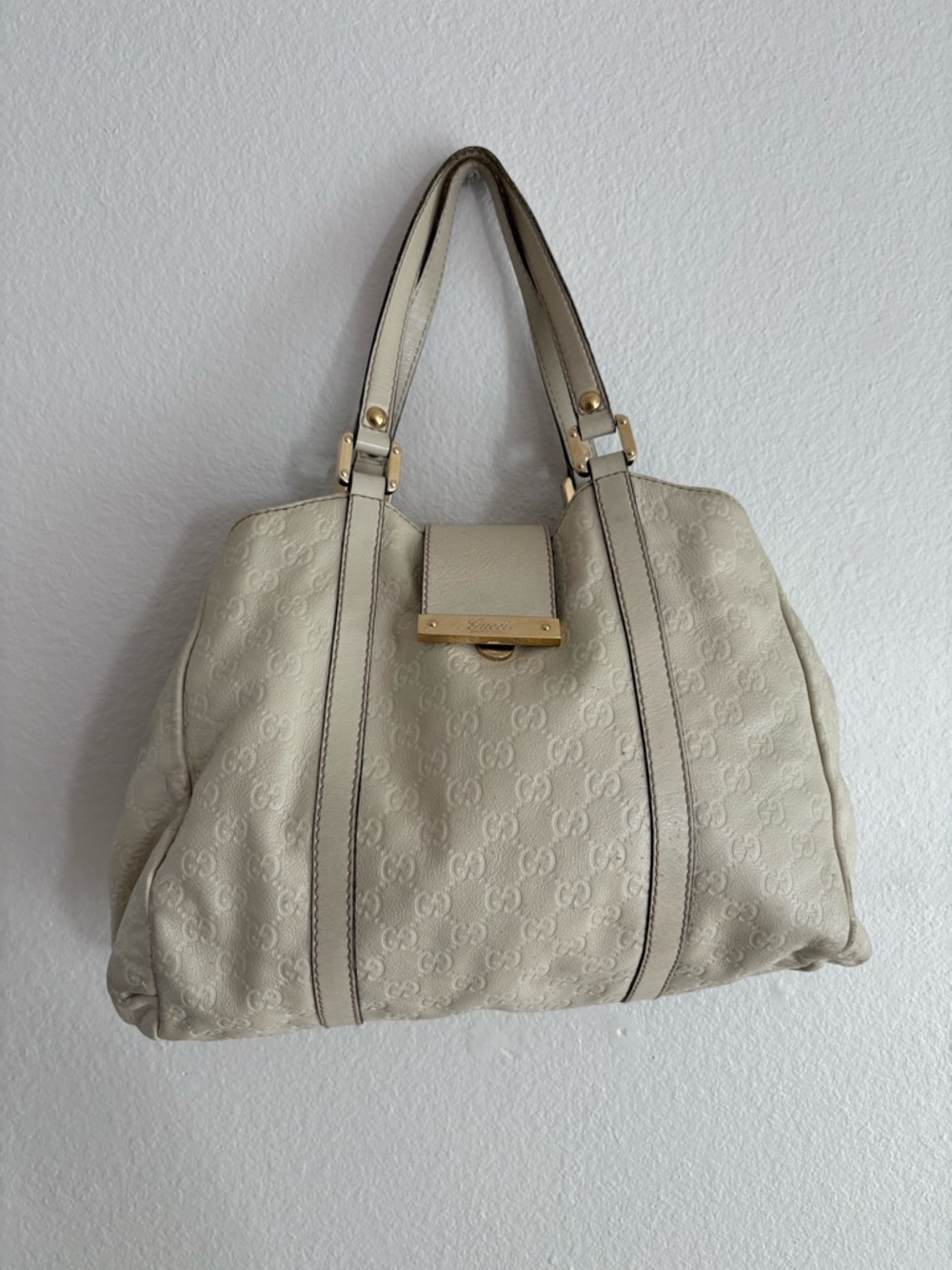 Gucci Guccissima Cream GG Monogram Shoulder Tote with Gold Hardware Hobo Bag